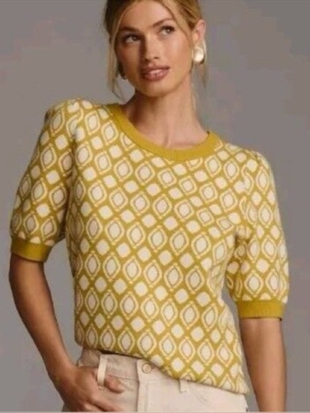 Maeve Anthropologie Harmon Jacquard Sweater Tee Mustard Yellow White
